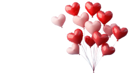 Valentine's day background with red and pink hearts like balloons on white background