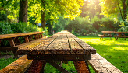 Fototapeta premium Wooden picnic tables in a park with lush green grass and trees, bathed in sunlight.