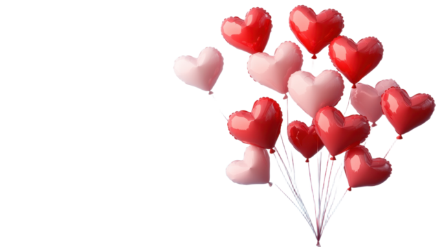 Valentine's day background with red and pink hearts like balloons on white background