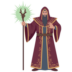 Fototapeta premium Elderly caucasian male wizard with staff in ornate robe casting spell flat illustration