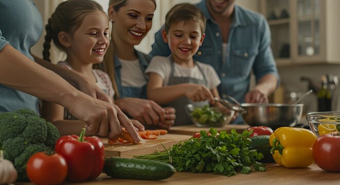 Family cooking together in modern kitchen preparing fresh vegetables including red bell peppers cucumbers broccoli and parsley with happy children and parents enjoying the activity