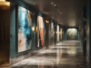 Modern art gallery corridor with marble floor and teal walls