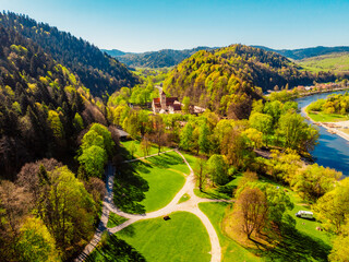 Medieval monastery Cerveny Klastor near Peak Tri Koruny or Trzy Korony in Pieniny National park in Slovakia and Poland