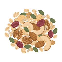 Assorted nuts and seeds mix with oats and beans – flat illustration