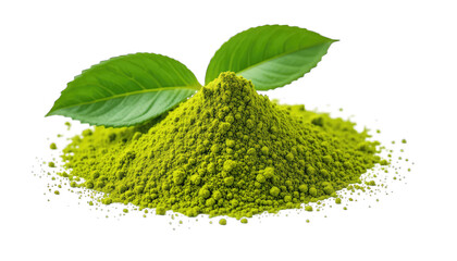 Vibrant green matcha powder heap with two fresh leaves isolated on a transparent background