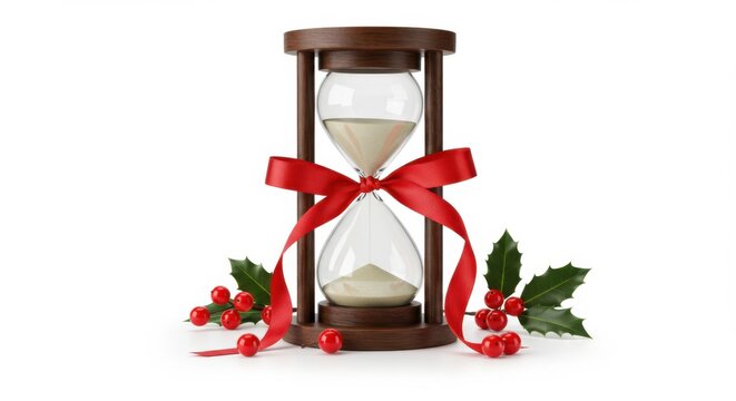 Elegant hourglass decorated with red ribbon and holly leaves with berries on white background