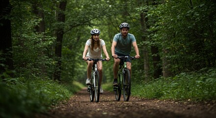 Couple riding mountain bikes on dirt trail through lush green forest during daytime with trees and foliage scenery in the background