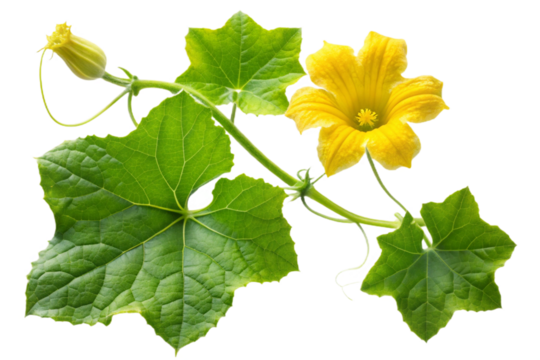 Vibrant yellow bottle gourd flower and green leaves isolated on transparent background - Powered by Adobe