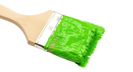 Green paintbrush with wooden handle close up.