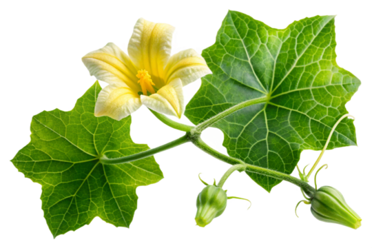 Bottle gourd flower creeper with leaves and buds isolated for botanical study transparent background