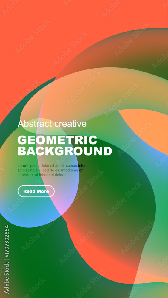 Aufkleber abstract colorful shapes overlap black background. text promotes content, includes button for more i