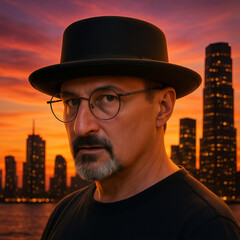 A man stands against the backdrop of a city during sunset.
