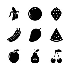 Set of Silhouette Fruit Icons Apple, Banana, Cherry, Mango, Orange, Pear, Strawberry, Watermelon