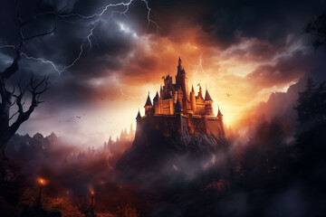 Naklejka premium Haunted Castle on a Hill with Lightning Fantasy Halloween