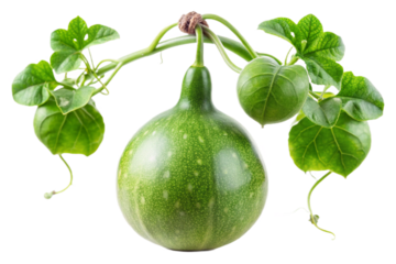 Close up detailed view of a green calabash vine with multiple gourds and leaves isolated transparent background