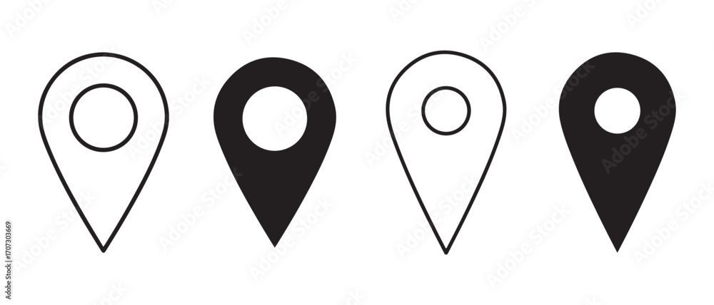 Poster location pin icon set. isolated on white background in outline and solid style.