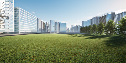 3D rendering of land in city. Green garden park for relaxation in urban environment. High-rise building exteriors symbolizing city growth and development. Concepts of land for sale and property value.
