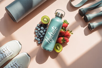 Healthy Lifestyle Flat Lay with Fresh Fruits and Wellness Essentials