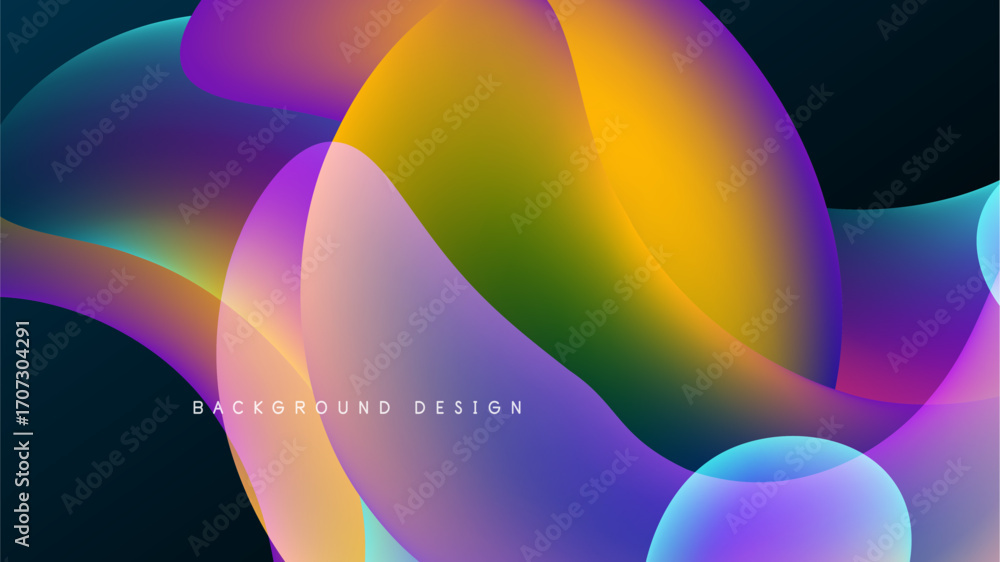 Poster abstract fluid shapes overlap, creating vibrant color gradients on dark background. smooth transitio