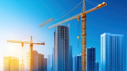 Fototapeta premium Construction cranes over modern city buildings