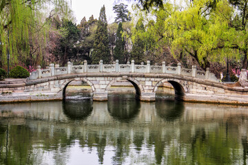 Fototapeta premium Stone Arch Bridge Over a Calm Lake Surrounded by Lush Green Trees