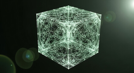 Abstract glowing cube connecting nodes symbolizing network data connectivity and advanced technology on black background