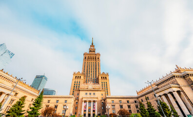 Obraz premium Warsaw, top view of the Palace of Culture in Poland and in the background the skyscrapers of the city of Warsaw