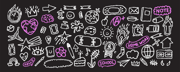 Fototapeta premium Kid vector doodle icons with school theme, sketchy note elements, pencils, stars, hearts in playful child drawing style.