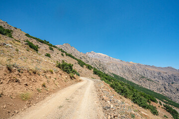 The scenic view of Reşko summit in the Sat (Cilo) mountains, Serpel and Horgedim plateau with its glaciers and glacier rivers in Hakkari, Turkey.