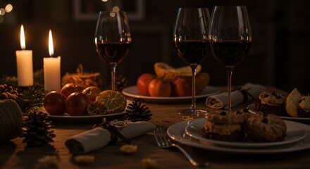 Elegant holiday dinner table setting with lit candles, assorted fruits, desserts, wine glasses filled with red wine, festive decorations, and cozy warm lighting for Christmas celebration