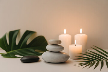 Minimalist Spa Scene with Stacked Stones and Calm Ambiance