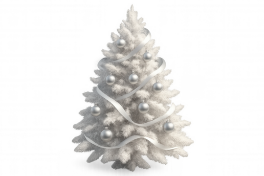 White christmas tree featuring silver ornaments and delicate white ribbon, rendered digitally with transparent background