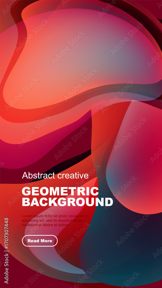 Poster abstract shapes overlap, creating vibrant color gradients. text promotes geometric background design