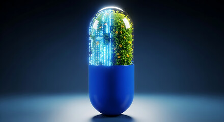 Futuristic medicine concept featuring a capsule filled with green plants and digital data stream