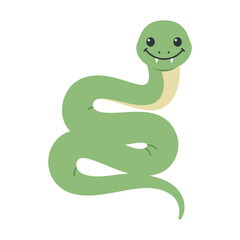 Obraz premium Smiling green cartoon snake with fangs and curved body – flat illustration