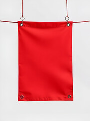 Blank red banner hanging with grommets isolated on transparent background