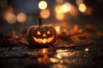 Carved smiling jack-o-lantern with warm glow among autumn leaves, macro texture details with bokeh background for seasonal decor, greeting cards, festive promotions