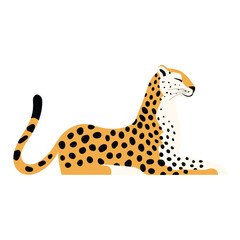 A stylized illustration of a leopard lying down with black spots on a white background design. 