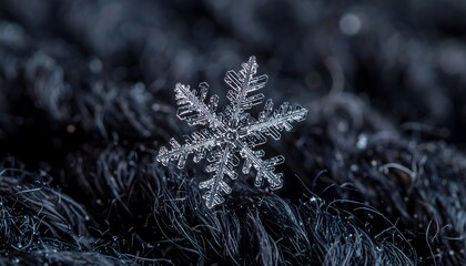 Detailed macro photograph of a unique snowflake, revealing its perfect crystalline structure and fragile beauty against a soft, dark background, symbolizing winter's intricate artistry
