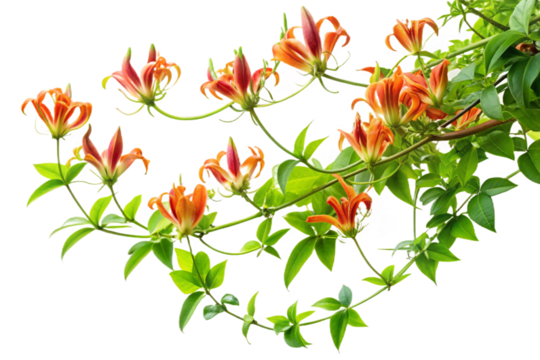 Vibrant climbing lily vine with delicate orange flowers isolated studio shot transparent background
