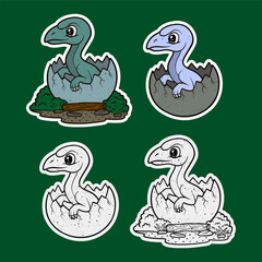 Green baby dinosaur climbing out of egg on rock sticker illustration