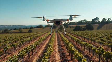 Drone performing aerial seeding over vineyard for reforestation of depleted wild areas