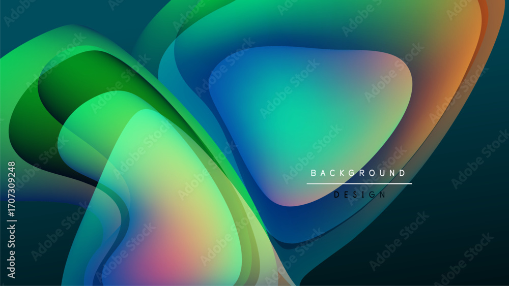 Poster abstract fluid shapes overlap, creating vibrant color gradients. dark background emphasizes flowing 