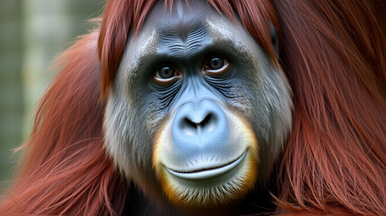 Close-up of a male adult Orangutan featuring thick brown hair and a notably large body in captivity.