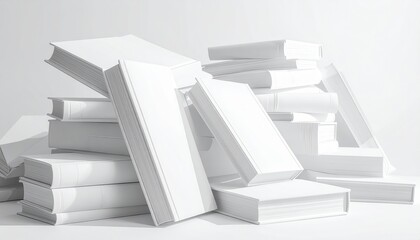 A collection of blank white books arranged in a chaotic yet visually appealing composition against a bright white backdrop.