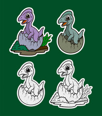 baby dinosaur hatching from egg in leaf nest sticker illustration