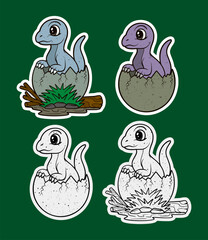 baby dinosaur peeking from cracked egg with fern sticker illustration