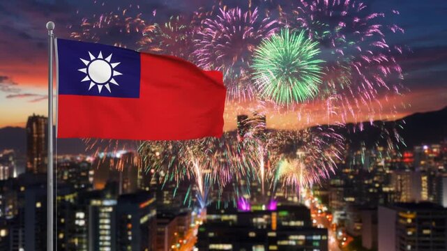 Taiwan independence day flag waving in night cityscape with colorful fireworks, red field, blue canton, white sun with twelve rays, festive celebration. - Powered by Adobe