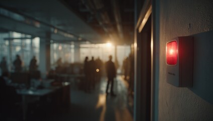 Dimly lit office space with focus on a red alarm box, people blurred in the background