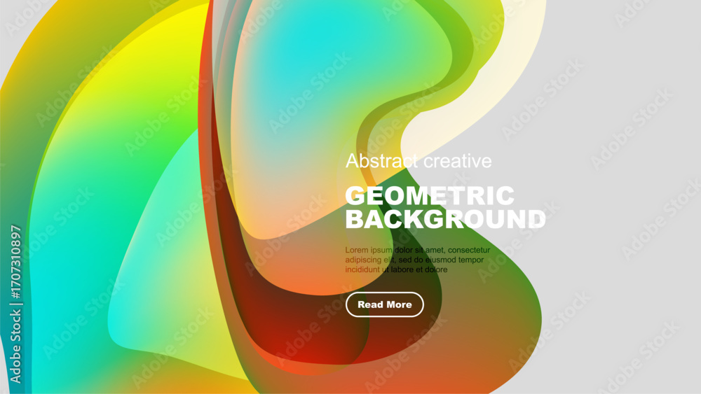 Poster fluid shapes overlap, creating vibrant color gradients. modern design features text, button for webs